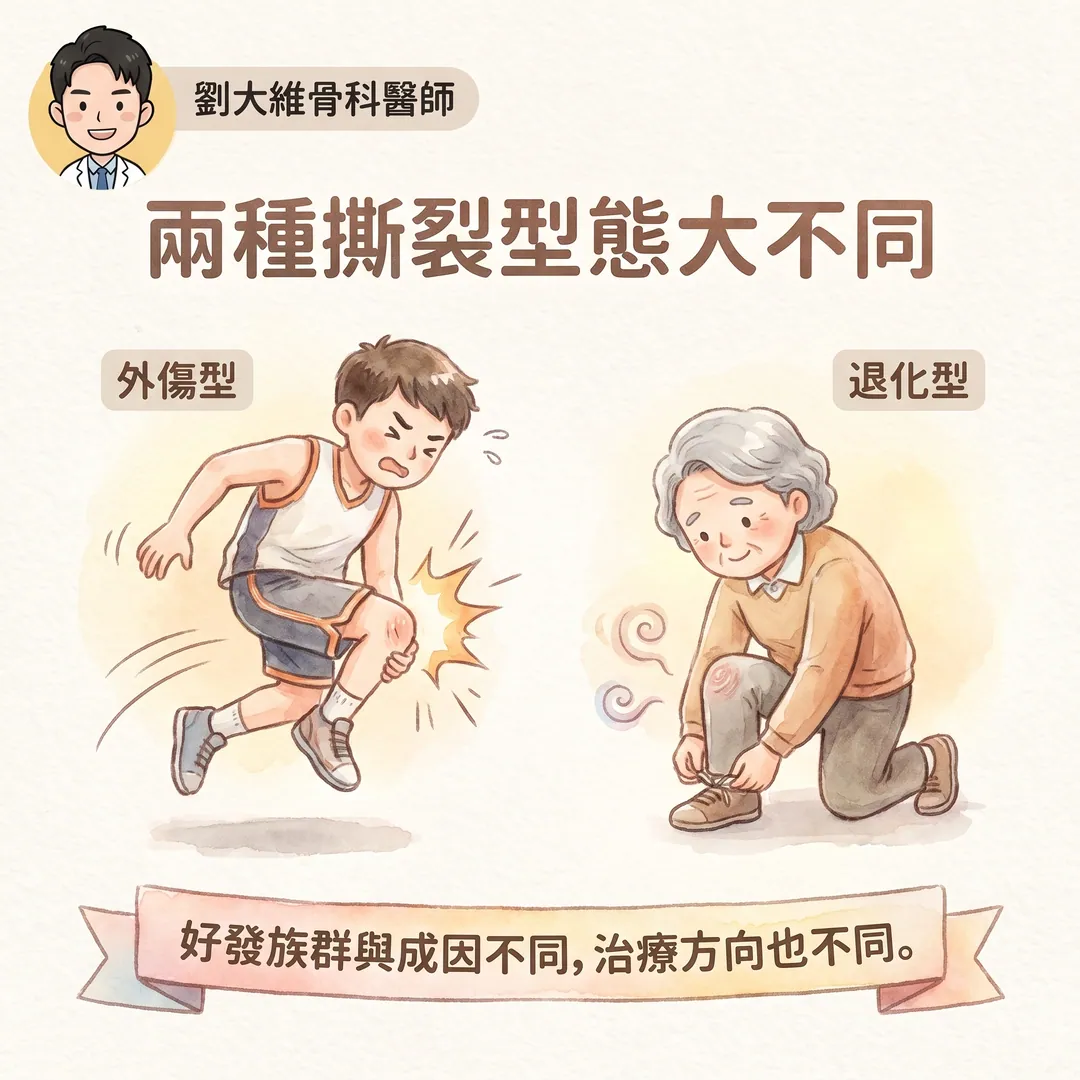 半月板損傷是不是一定要開刀?搞懂「外傷型」與「退化型」,治療選擇大不同 衛教圖 2